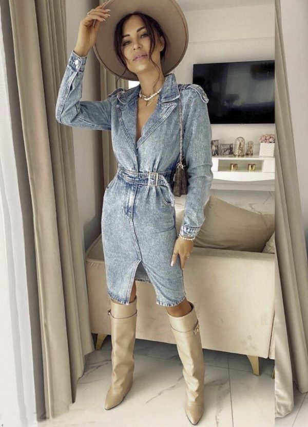 Jean midi φόρεμα μεσάτο με ζώνη