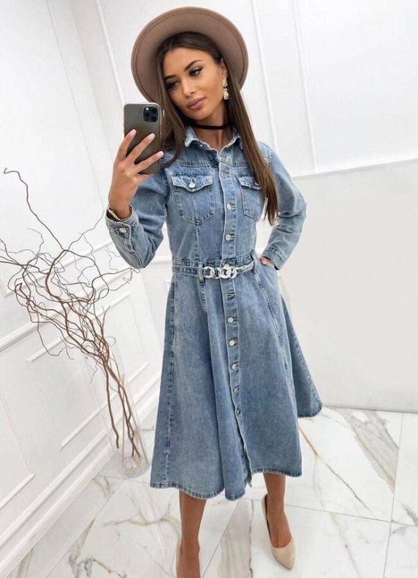 Jean midi κλος φόρεμα μακρυμάνικο με κουμπιά - Μπλε