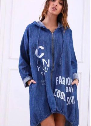 Jean oversize ζακέτα με στάμπα & κουκούλα - Μπλε