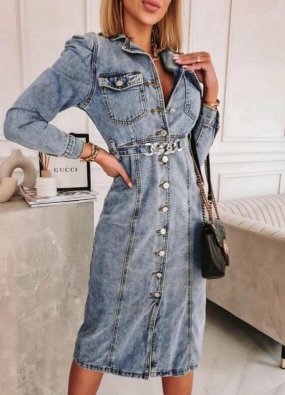 Midi jean φόρεμα ε κουμπιά & ζώνη - Μπλε