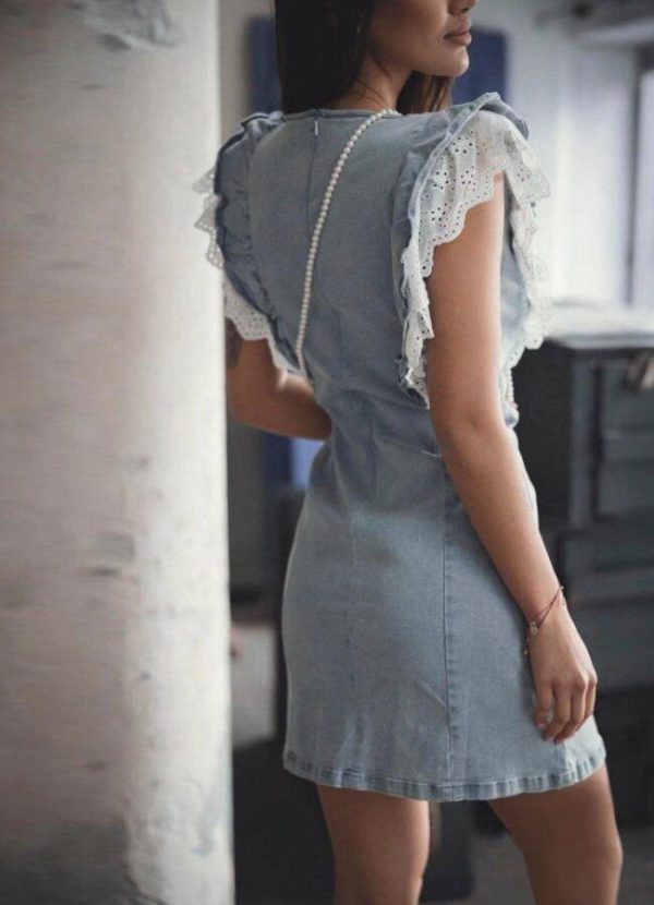 Mini jean φόρεμα με δαντέλα στο μανίκι & τσαντάκι