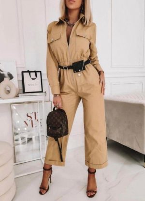 ολόσωμη φόρμα με ζώνη - Μπεζ