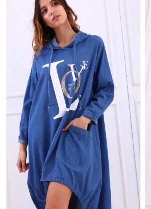 Oversize jean φόρεμα ασύμετρο με στάμπα - Μπλε