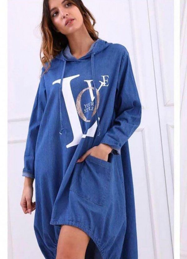 Oversize jean φόρεμα ασύμετρο με στάμπα - Μπλε