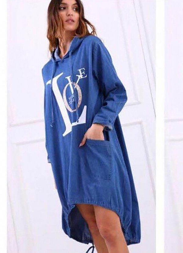 Oversize jean φόρεμα ασύμετρο με στάμπα