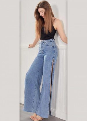 ψηλόμεσο jean με φερμουάρ στο πλάι - Μπλε