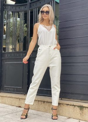 ψηλόμεσο jean με λάστιχο στη μέση - Λευκό