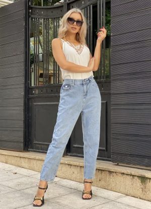 ψηλόμεσο jean με λάστιχο στη μέση - Μπλε