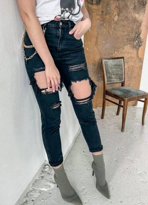 ψηλόμεσο jean με σκισίματα και αλυσίδα στο πλάι - Μαύρο