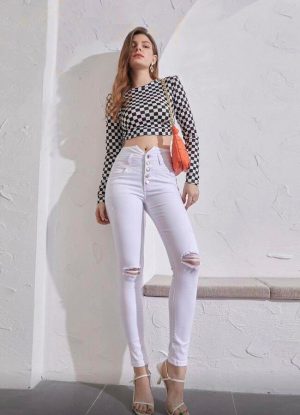 ψηλόμεσο jean με σκισίματα στα γόνατα - Λευκό