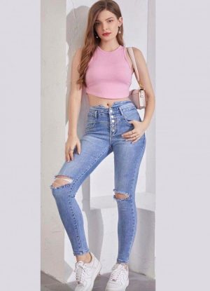 ψηλόμεσο jean με σκισίματα στα γόνατα - Μπλε