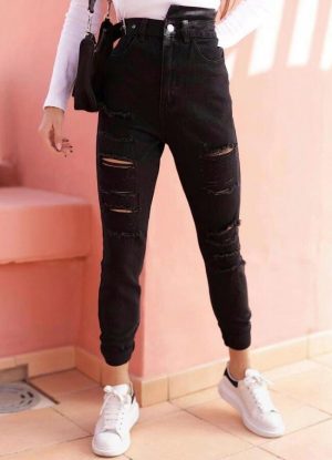 ψηλόμεσο jean παντελόνι με σκισίματα - Μαύρο