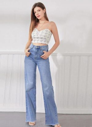 ψηλόμεσο jean σταθερό σε φαρδιά γραμμή - Μπλε