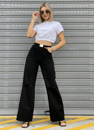 ψηλόμεσο παντελόνι με ζώνη και σκίσιμο στα γόνατα - Μαύρο