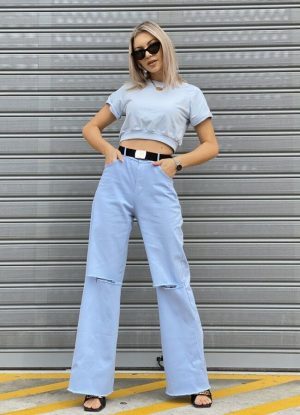 ψηλόμεσο παντελόνι με ζώνη και σκίσιμο στα γόνατα - Μπλε