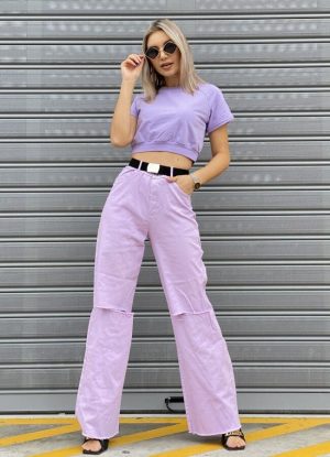 ψηλόμεσο παντελόνι με ζώνη και σκίσιμο στα γόνατα - Λιλά