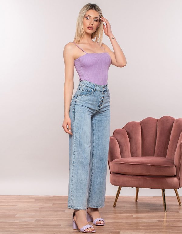 Ψηλόμεσο wide leg τζιν με κουμπιά - Μπλε