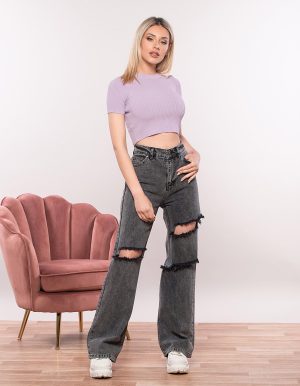 Wide leg τζιν με ανοίγματα - Μαύρο